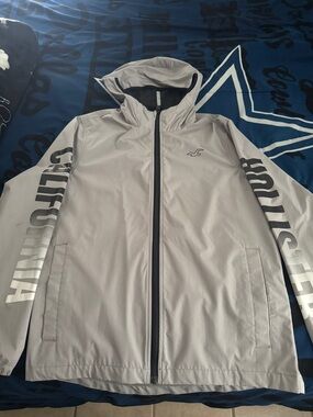 Hollister Light Gray Hooded Rain Jacket with Logo Sleeves